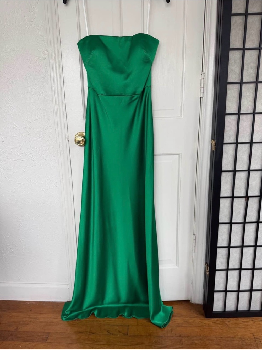 Jenny Yoo Strapless Emerald Green Satin Gown